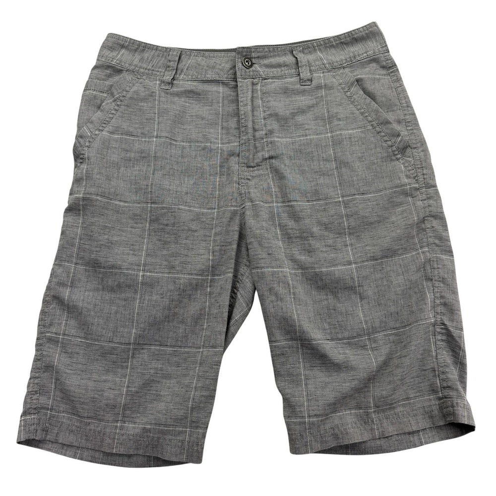 PrAna Shorts Mens 31 Gray Plaid Bermuda Hemp Polyester Stretch Pockets 12 Inseam